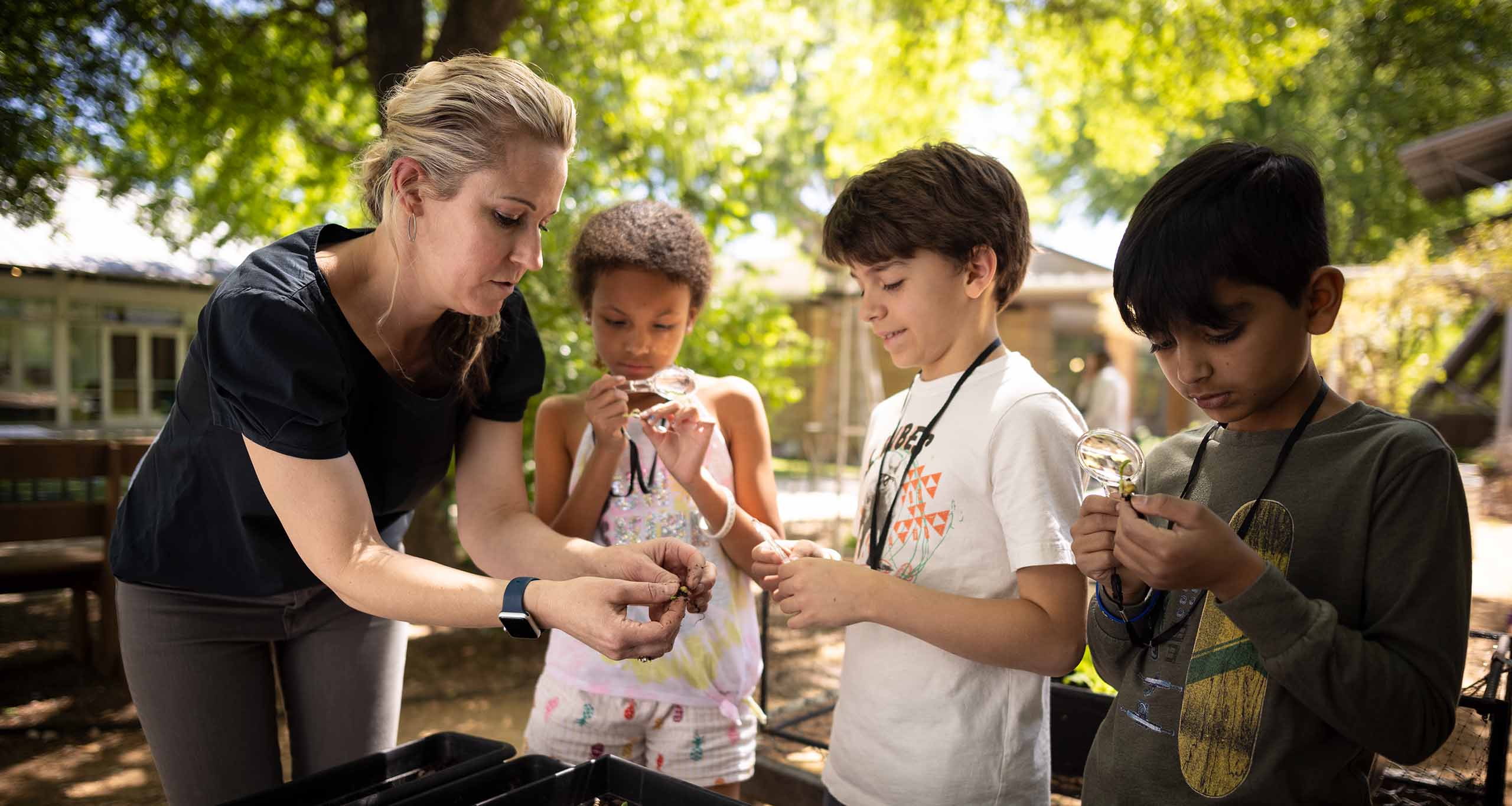 Students learning about bugs in the garden